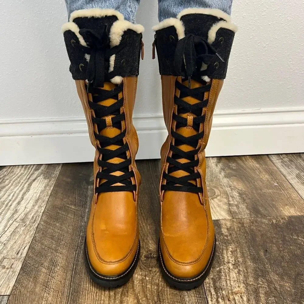Cole Hann Henson Tall Leather Boots Camel Sherling Lace Up Lug Sole Size 6 1/2